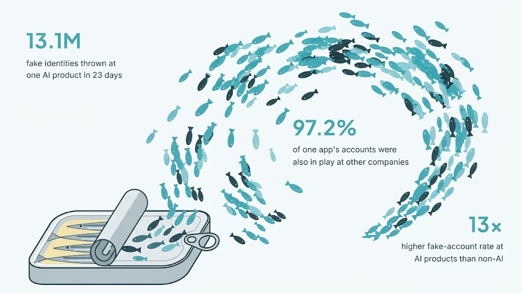 A school of fish streams out of an open sardine tin. Callouts read: 13.1M fake identities thrown at one AI product in 23 days; 97.2% of one app’s accounts were also in play at other companies; 13x higher fake-account rate at AI products than non-AI.